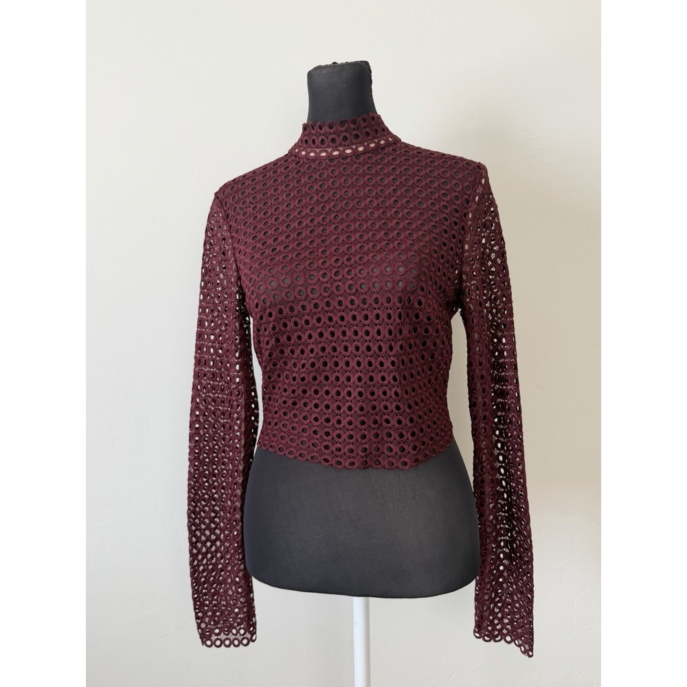 Keepsake Sweet Nothing Top Fig Lace Mock Neck Long Sleeve Crop Top S NWT